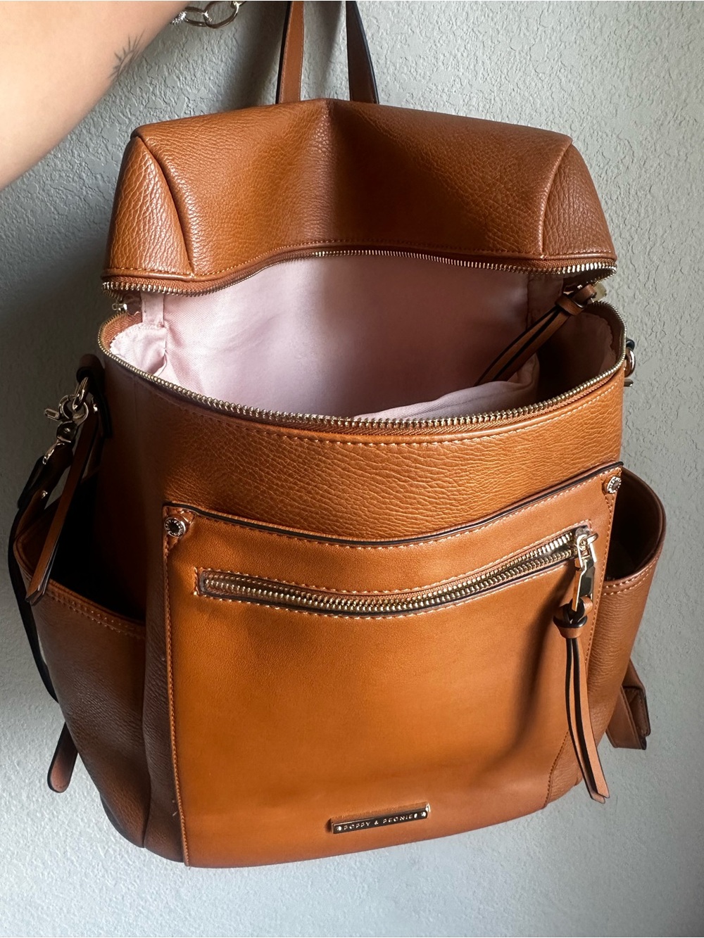 Poppy & Peonies Cognac Leather Backpack Tote - Picture 3 of 7